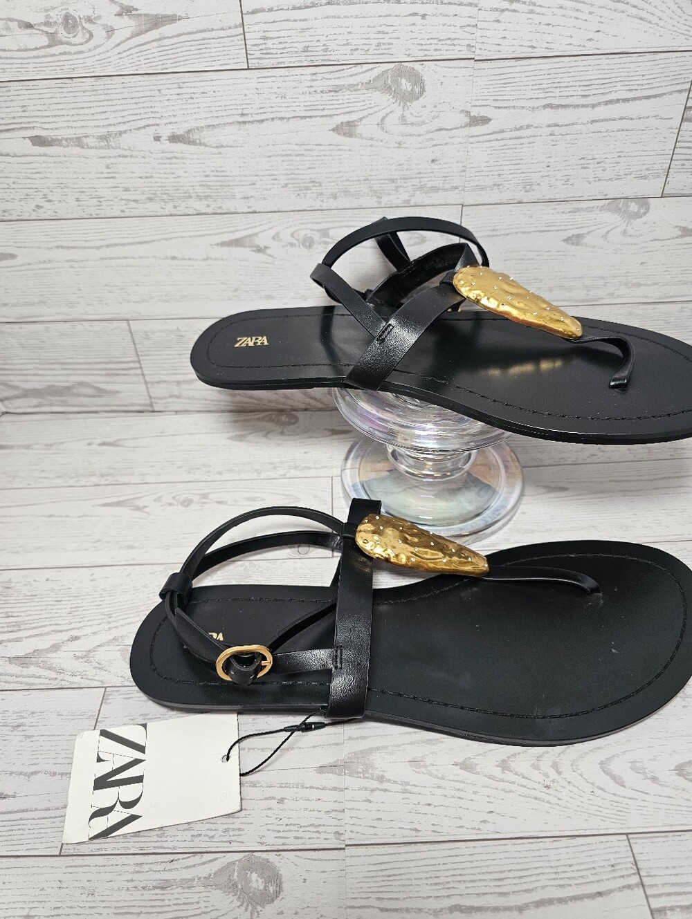 ZARA Black Flat Sandals Metallic Appliqué Gold Jewel Detail Ankle Strap - Picture 6 of 8